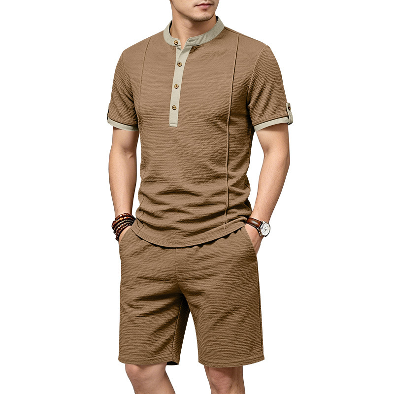 Men's Casual Henley Short Sleeve T-Shirt And Shorts Set Comfort-Focused Polyester Design for Summer_viptrois.com