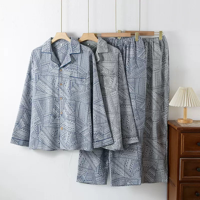 2025新款色织纯棉纱布男士睡衣春秋夏季薄款可外穿宽松家居服套装