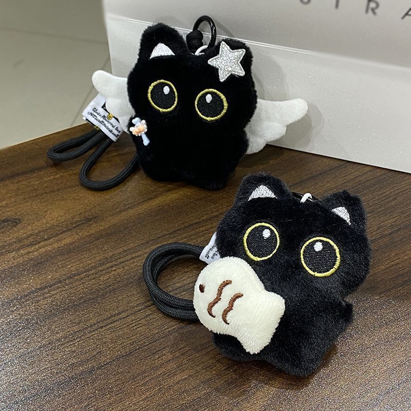 Popular Angel Fairy Black Cat Plush Doll Pendant Cute Squeaky Scarf Holding Fish Black Cat Doll