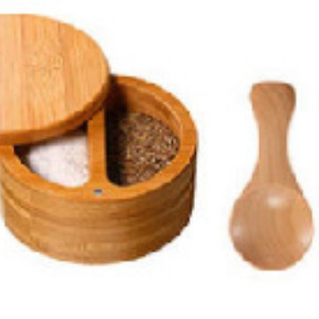 Tarro de sal de bambú transfronterizo suministros de cocina Tarro de condimento de bambú con cuchara Caja de condimento de bambú en stock Estante de especias