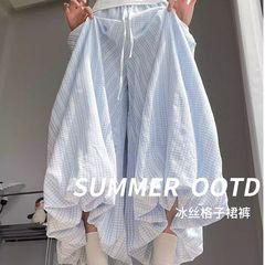 韩系蓬蓬花苞格子裤裙女夏季薄款高腰显瘦温柔风灯笼裤休闲阔腿裤