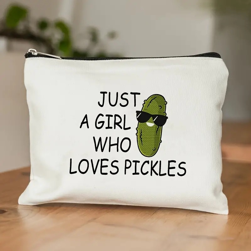 Bolsa de Maquillaje de Lino con Estampado de Pepino de Temu, Bolsa de Almacenamiento de Cosméticos con Cremallera para Mujer, Impresión a Doble Cara