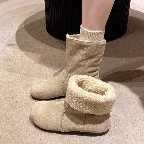 Women's Winter Snow Boots with Double-Wearing Method, Forest System Retro Lambskin Fleece Short Boots with Fleece Lining