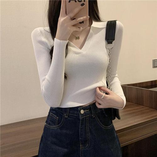 Early Autumn Self-Cultivation Polo Collar Base Shirt Slim Long-Sleeve Knit Shirt T-Shirt Autumn Top Women's