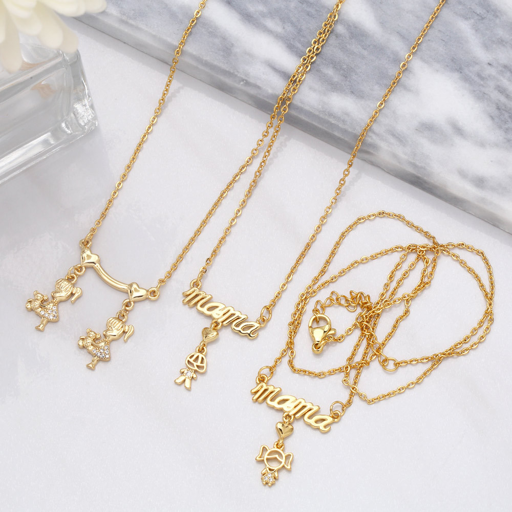 Fashion Letter Mama Boys Girls Geometric Pendant Zircon Copper Necklace