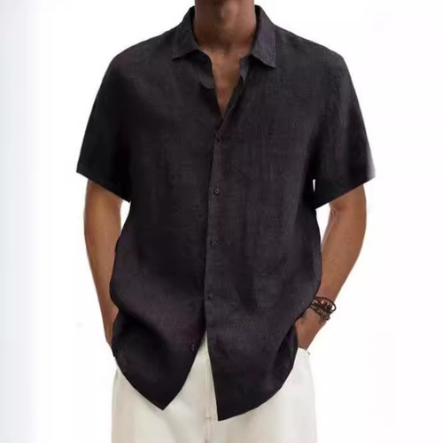 2025 Independent Station Wish Amazon Best Seller Summer V-neck Button Cotton Linen Plain Color Men Fashion Shirt Collar Men