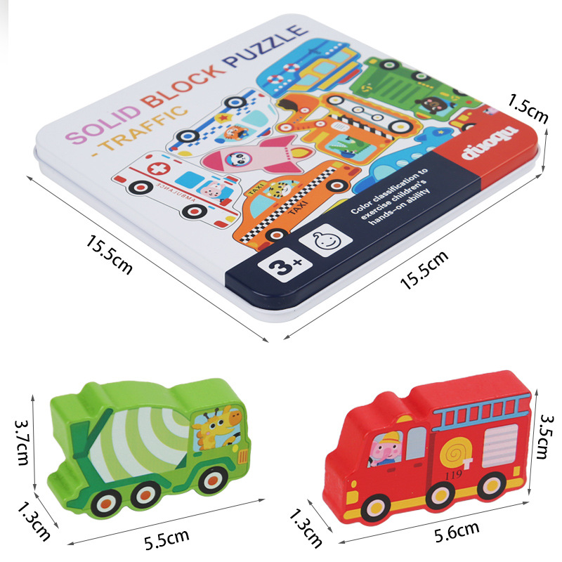 Nuevos productos de dibujos animados tráfico animal puzzle tridimensional madera infantil madera juguetes de educación infantil
