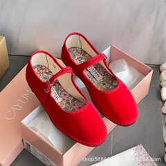 ニッチな真っ赤な新しいレトロなメリージェーンの女性の靴ベルベットバックルフラット浅い口の靴快適なおばあちゃんの靴