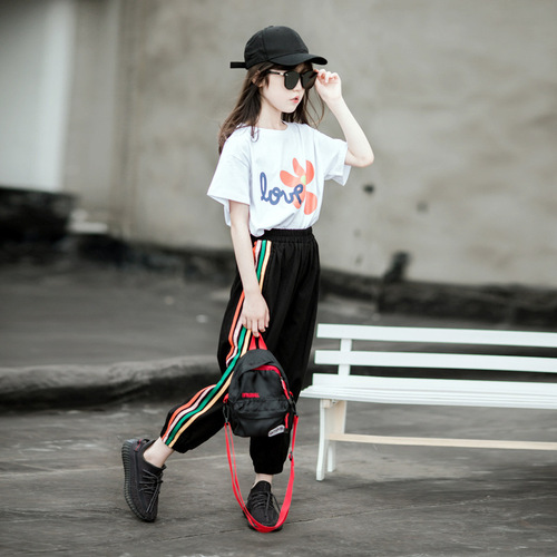 Pure cotton girls casual sports suit 2024 spring and summer new style big children's fashionable Internet celebrity short-sleeved two-piece set