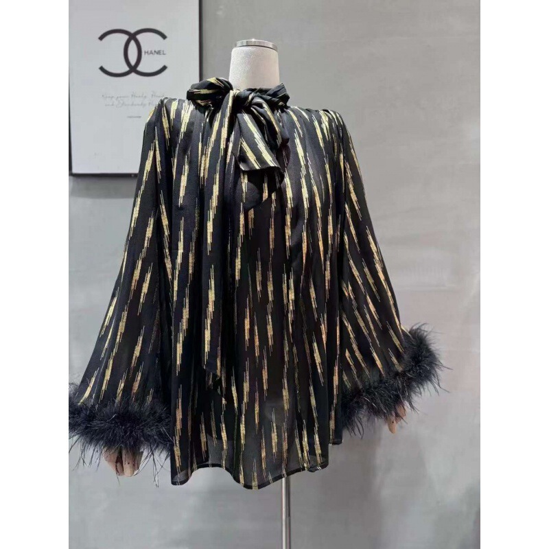 Thirteen lines 2024 spring new feather cuff perspective shirt temperament strap scarf collar top factory generation