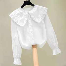绿色伴侣女童春秋衬衫新款韩版洋气长袖白衬衫儿童蕾丝娃娃领打底