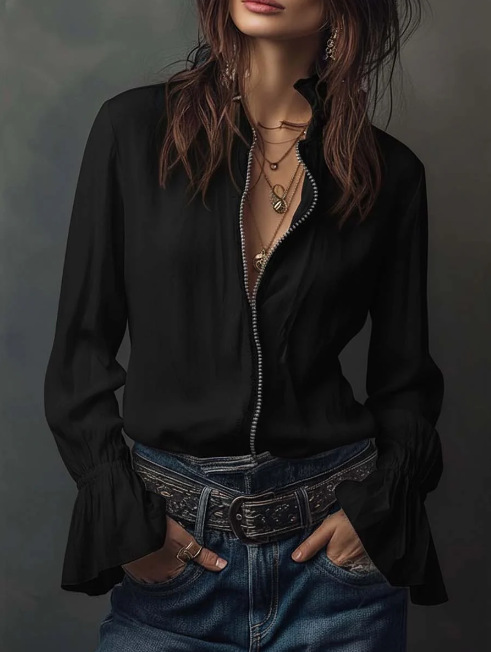 Women's Casual Fashion Long Sleeve Zip up Top round Neck Solid Color Loose Fitting Shirt Style Versatile Blouse for Spring/Autumn_ecoleips.com