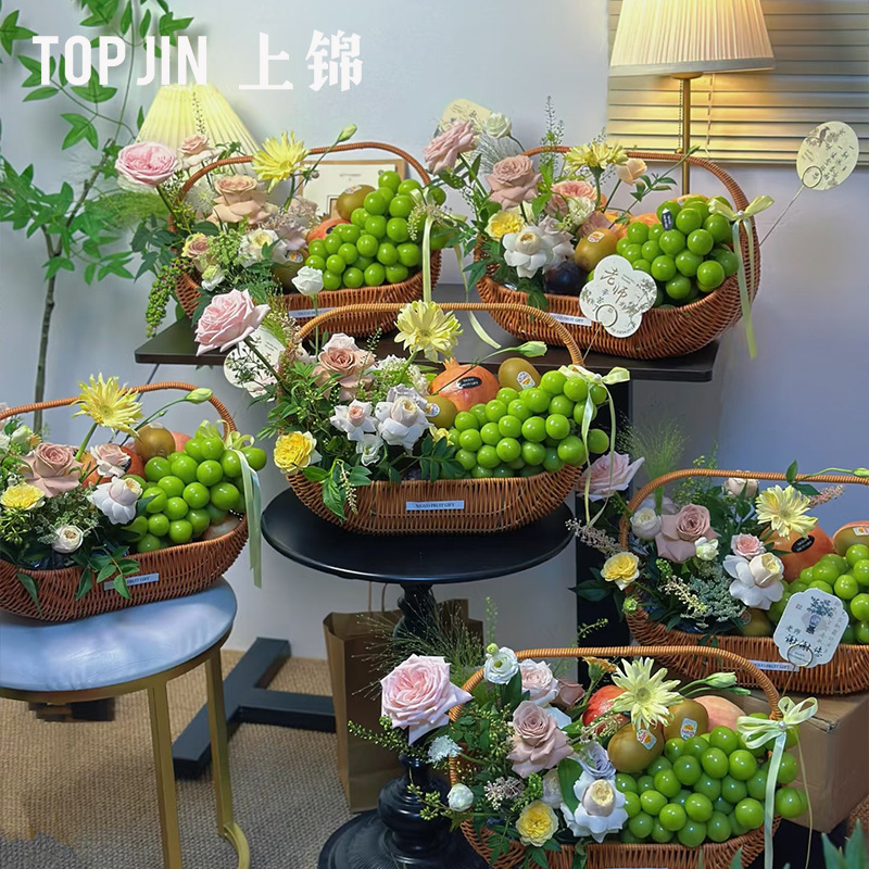 上锦 中秋节法式花果篮仿藤编织花篮diy鲜花束水果篮节日礼品篮|undefined