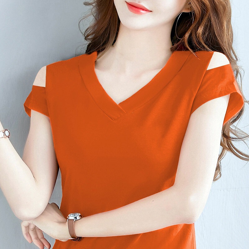 Off-Shoulder Plus-Size Summer V-Neck Short-Sleeve T-Shirt for Women 2026 New Solid Color Versatile Top Trendy Shirt