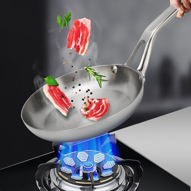 Stainless steel frying pan 304, thickened three‑layer uncoated, single handle, 16–30 cm