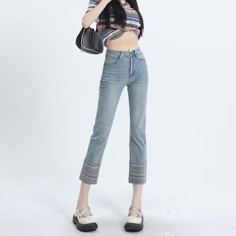 Ethnic Style Women's Jeans Autumn New 2023 Fashion High-Waisted Slim Straight-Leg Pants Cigarette Pants Comfortable