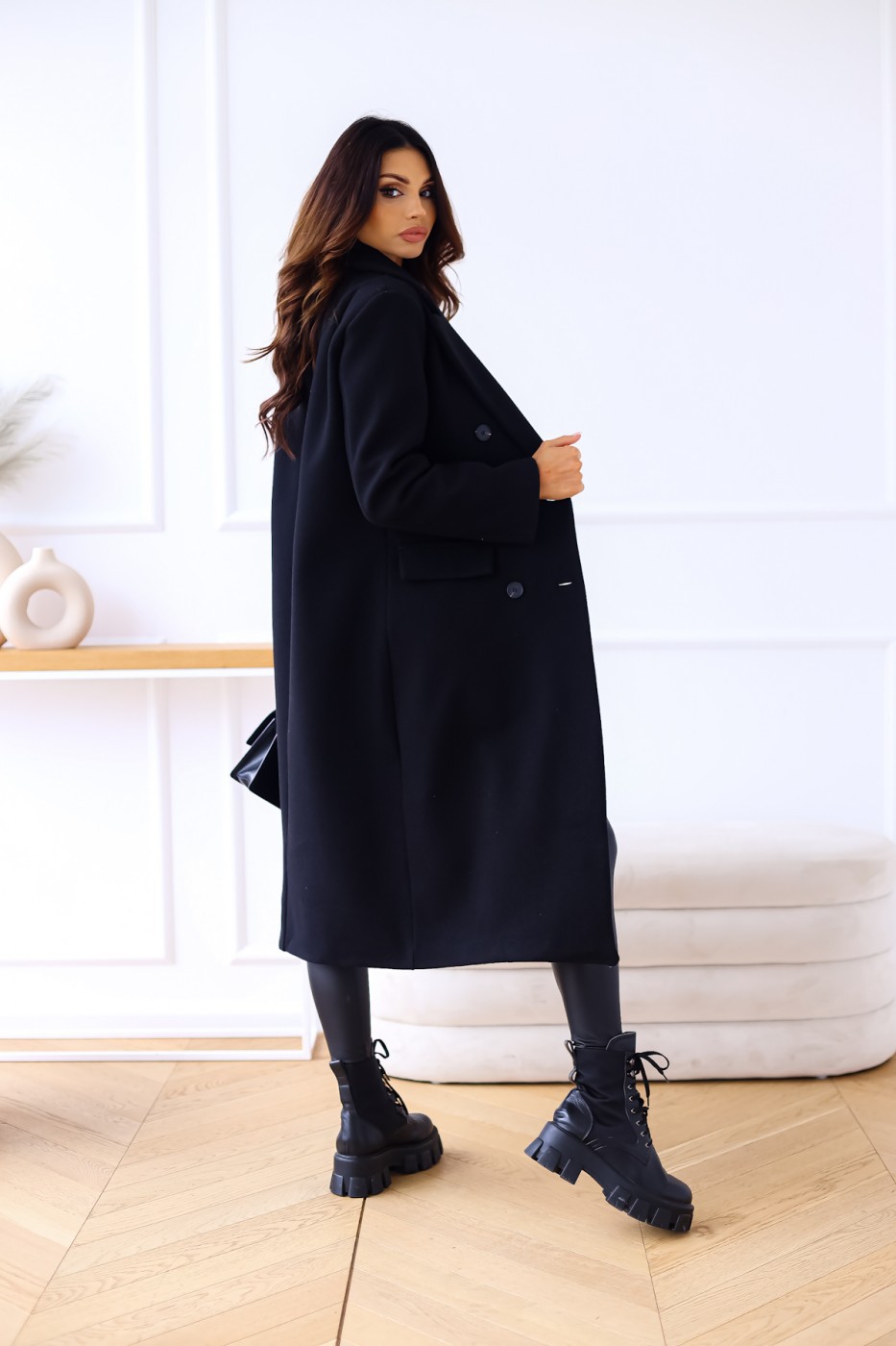 solid color double-breasted long-sleeved lapel button woolen coat NSYF138757