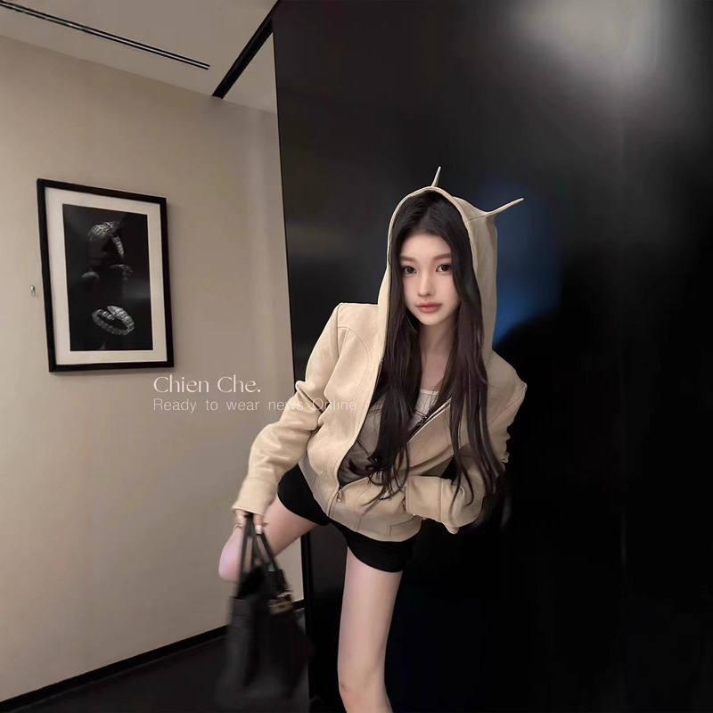 车迟恩Chien 小恶魔复古麂皮绒夹克上衣春连帽拉链卫衣短款外套女|undefined