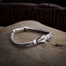s925纯银链结黑钻编织手链男时尚霸气纯手工手环潮流复古做旧饰品