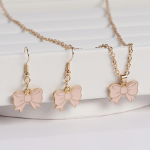 跨境新款滴油蝴蝶结套装女时尚高级感项链小清新甜美小众耳饰批发