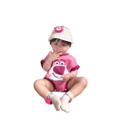 Summer Baby Loose Casual Short Sleeve Hoddie Infant Cotton Cute Strawberry Bear PJs Climbing Suit Korean Version
