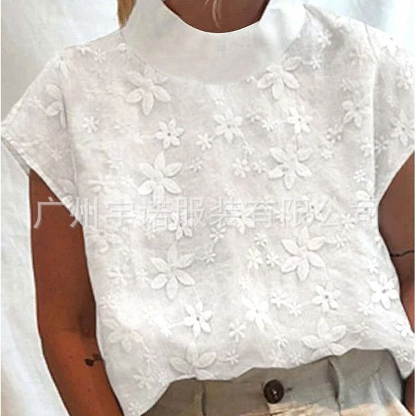 亚马逊wish速卖通2023新款欧美女装套头绣花棉麻高领优雅衬衫