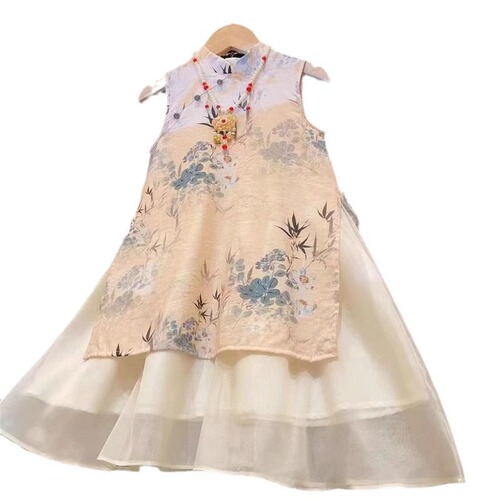 2025 Western-style girls 'cheongsam summer new children's Chinese printed dress long dress baby China style dress