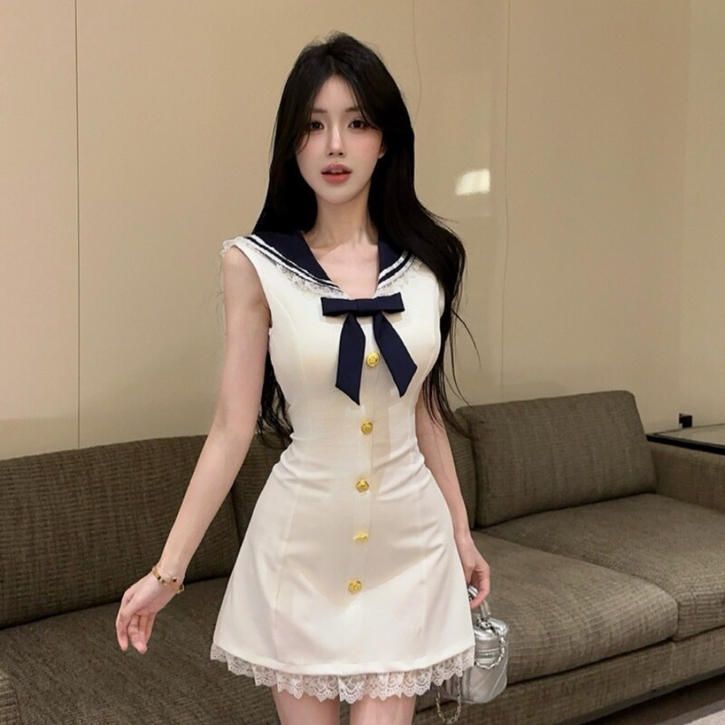 2026 New Summer Style College Style Navy Collar Dress for Women with Bow Tie Uniform Workwear Slimming Short Skirt with Chest Pad 2026 New Summer Style College Style Navy Collar Dress for Women with Bow Tie Uniform Workwear Slimming Short Skirt with Chest Pad