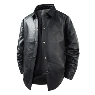 2025 New Leather Jacket Men's Retro Black Classic Small Lapel Leather Shirt Trendy and Cool (Cross-Border)