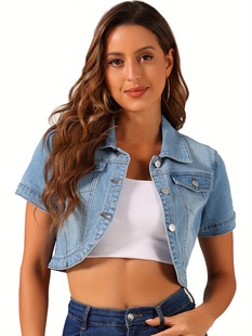 2025 Cross-Border New European and American Women's Light Blue Denim Short-Sleeved Casual Jacket, Button Design