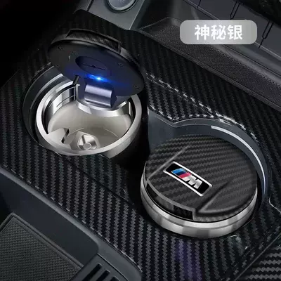 Car Carbon Fiber Ashtray Flame Retardant Ceramic Liner Mini with Led Light Car Ashtray (Car ashtray) - silver