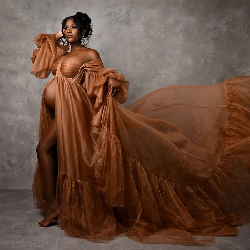 Bright Silk Mesh Brown Fashion Maternity Dress Women's Graduation Prom Dress Long Sleeve Tulle Front Slit Photography Dress