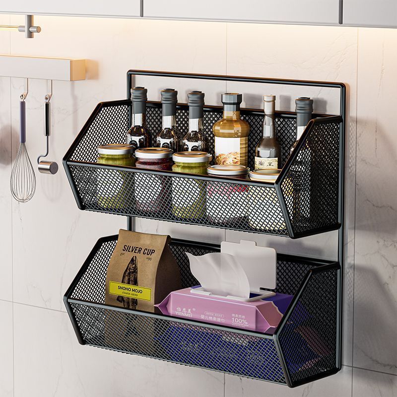 Kitchen Wall Storage Rack Without Punching, Multi-Functional Green Onion, Ginger and Garlic Storage Basket, Double-Layer Hanging Rack, Vegetable Spice Rack