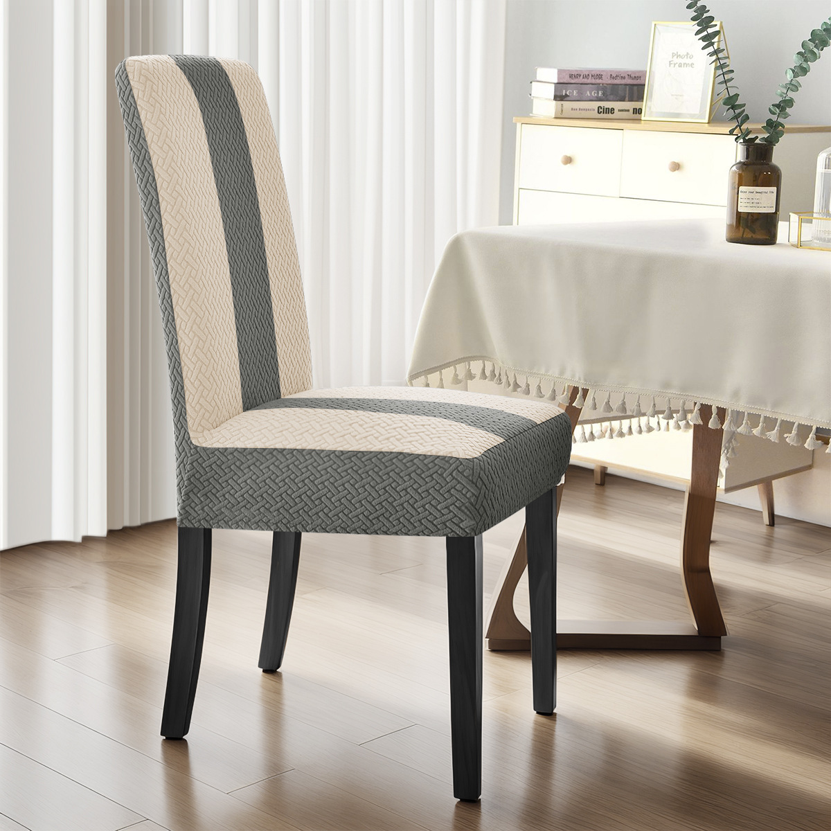 Funda de silla SHEIN, éxito de ventas transfronterizo, elástica, jacquard, con rayas en forma de T, a cuadros, con bloques de color, a prueba de polvo, universal, para silla de comedor.