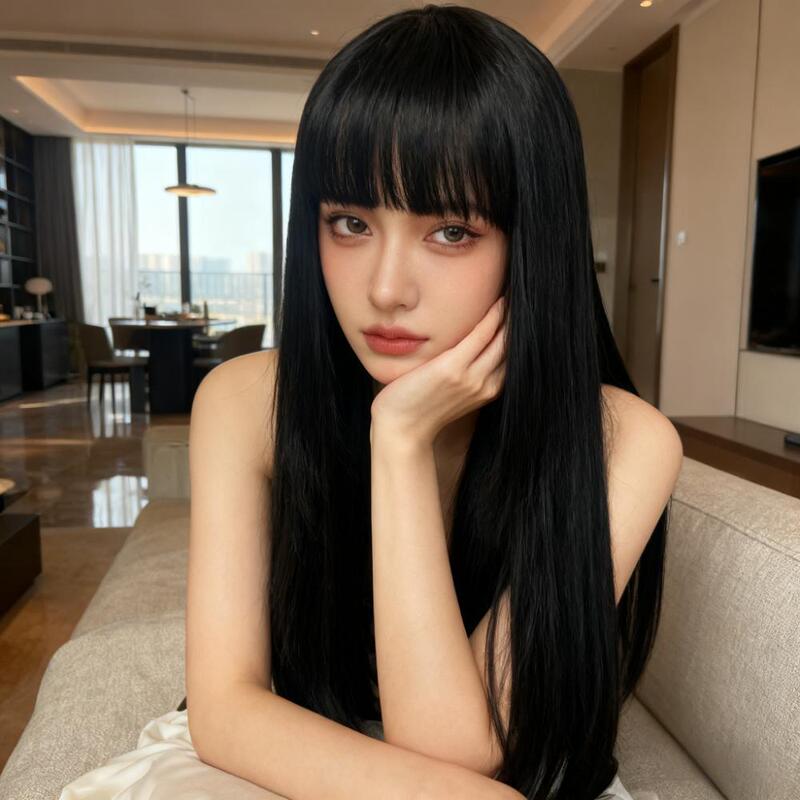 Factory wig female high temperature silk mechanism black long straight hair neat bangs chemical fiber whole top head cover spot simulation long hair