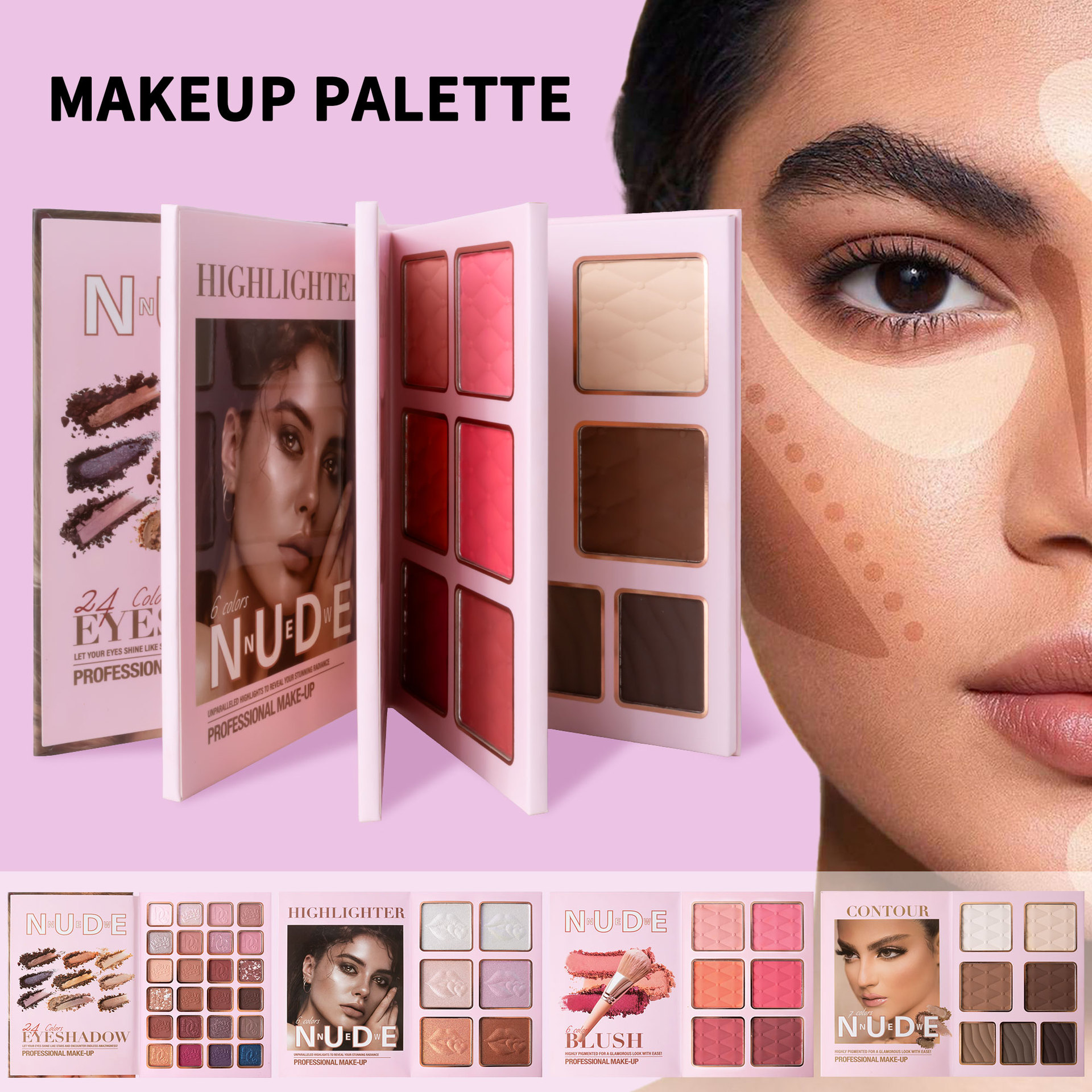 Cross-border bestseller 43-color makeup palette, four-layer flip book eyeshadow palette, matte pearlescent blush, contour and highlight in one piece Item Picture