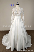 气质A摆缎布端庄中拖尾长袖v领时尚新娘结婚婚纱