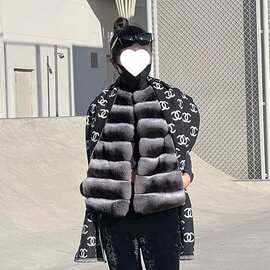 韩版感时髦贵妇青紫蓝龙猫外套女兔毛皮草马甲短款背心
