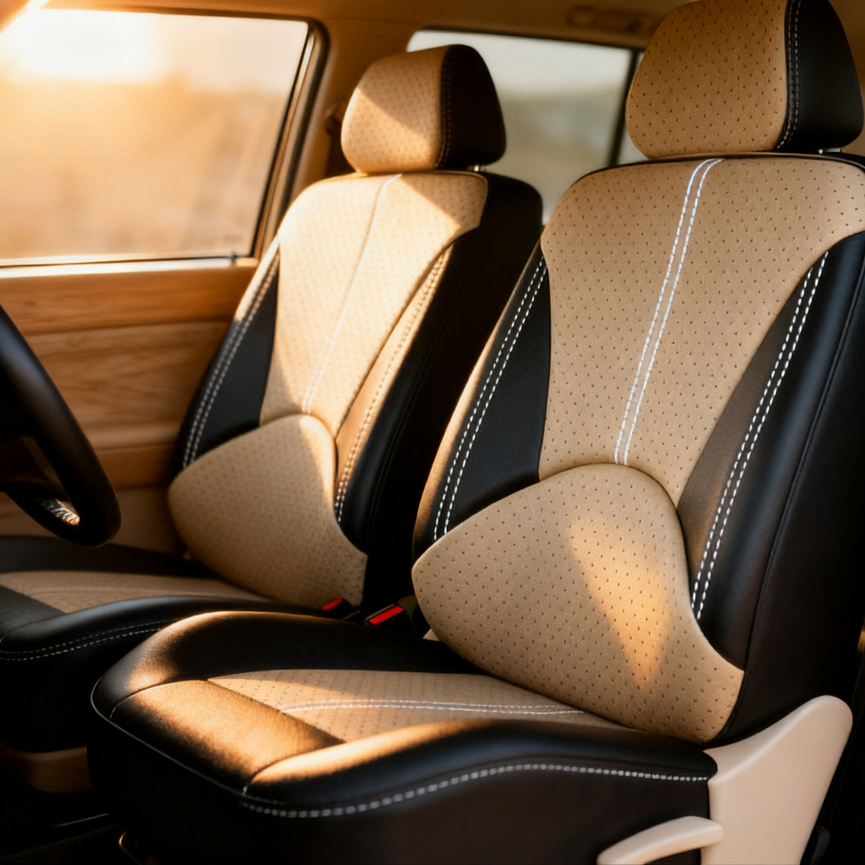 Seat Cover – Universal Seat cushion, seat cover - perforated-black-beige-5-seat-9-piece-set