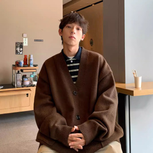 Cardigan Sweater Men's Autumn Ins Trendy Brand Loose Casual Solid Color V-neck Sweater Korean Style Lazy Style Sweater Jacket