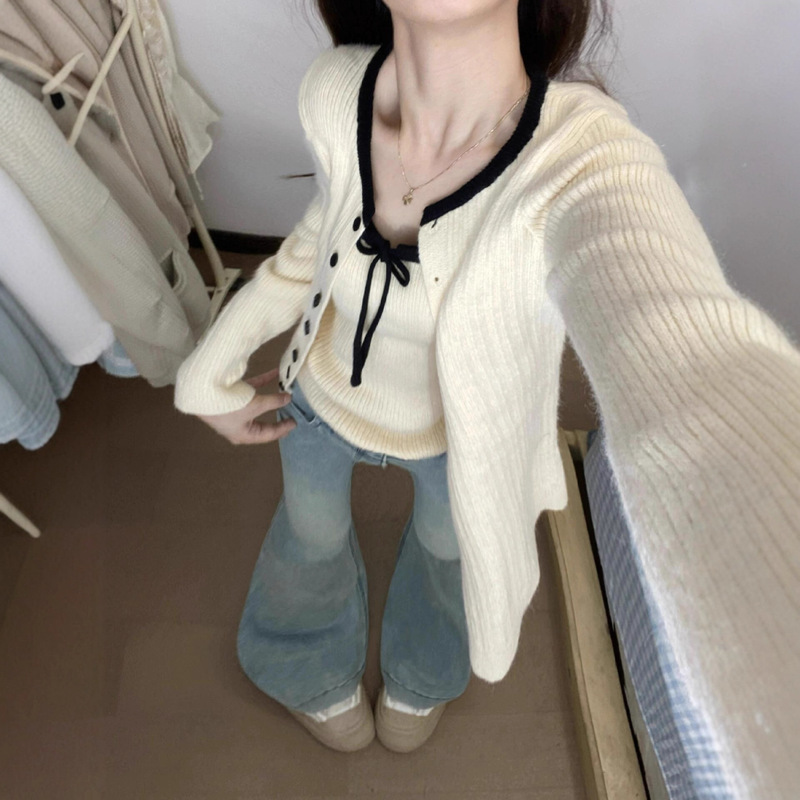 韩系针织开衫配吊带女早秋季新款软糯毛衣外套外搭上衣氛围感穿搭|undefined