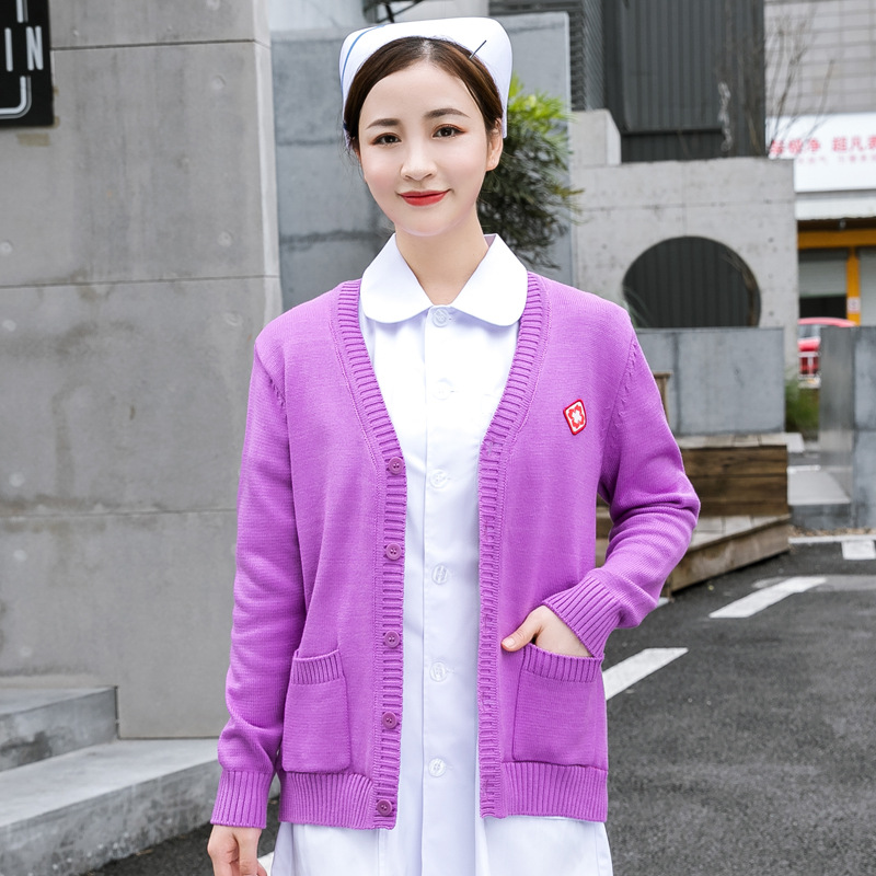 간호사 스웨터 여성 코트 카디건 기모 두꺼운 따뜻한 V-NECK 간호사 의류 화이트 코트 니트 나이팅게일