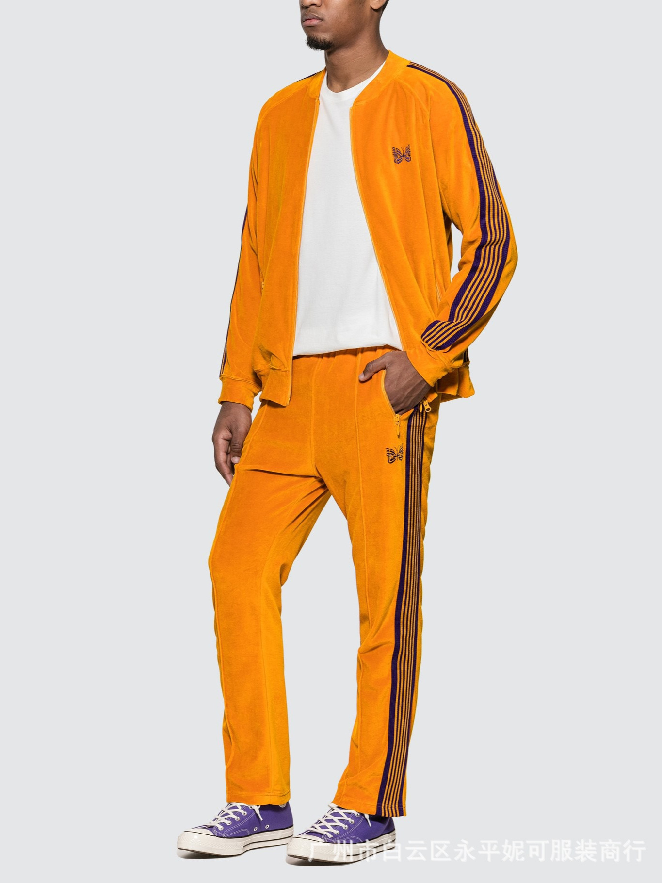 Needles tracksuits蝶ベルベットカーディガンレトロリボンジッパージャケットロングパンツスポーツスーツ