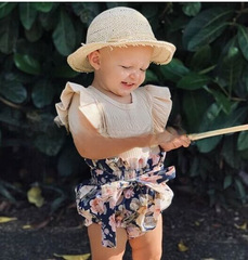 亞馬遜2021ins夏季女童寶寶服裝 飛袖短袖哈衣碎花短褲頭結套裝