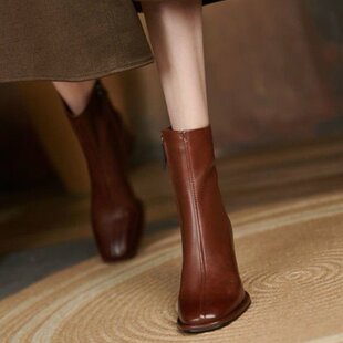 Thick Heel Ankle Boots Women's 2024 Autumn and Winter New Women's Boots Simple Square Head High Heel Boots Side Zipper Fashionable Middle Leather Boots