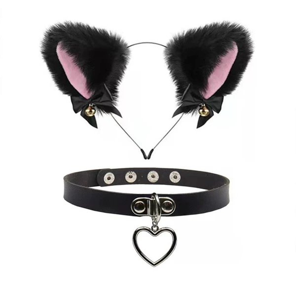 Cat ear in black hair powder+love black neck circle