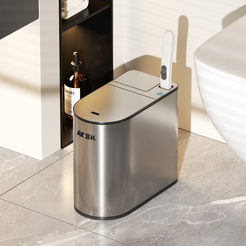 Smart Sensor Trash Can for Home Bathroom with Integrated Toilet Brush, Automatic Stainless Steel Narrow Gap Design, Wholesale