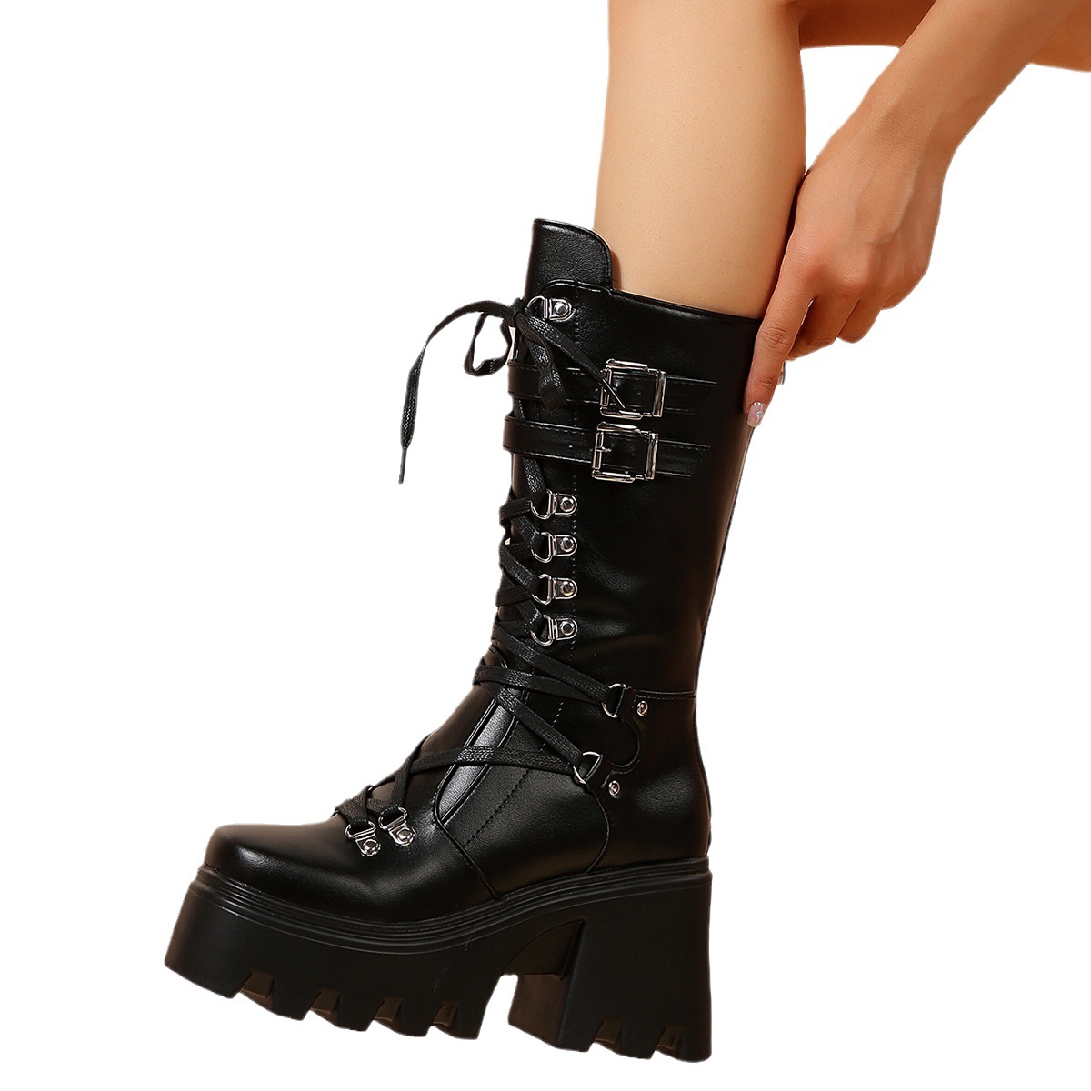 Dammeschuhe Hierscht a Wanter nei Nieten Schnürstiefelen mat déckem Absatz an der Mëtt vun der Schlaang_voghion.com