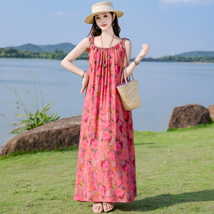 2025夏季新款度假风棉绸连衣裙吊带长裙甜美风印花连衣裙-阿里巴巴