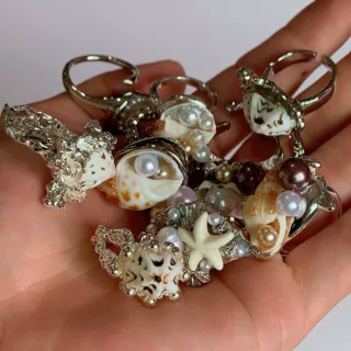 海洋度假风手工制作贝壳海星镶钻开口可调节戒指 波西米亚风指环